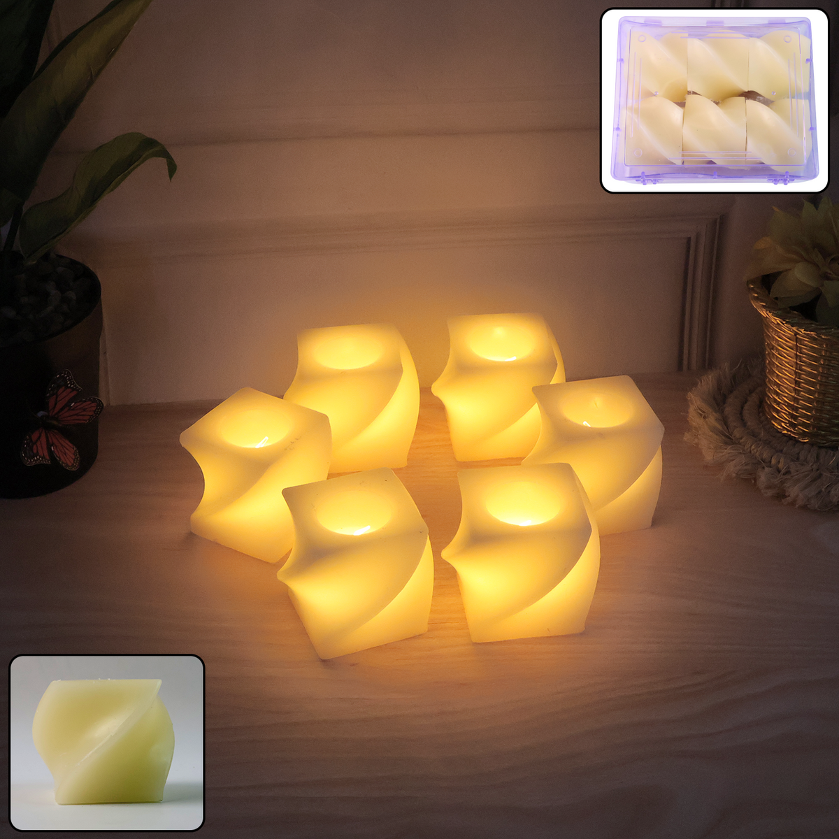Six cream-colored flameless LED candles with a twisted design glow on a wooden surface, with an inset showing them – view 3