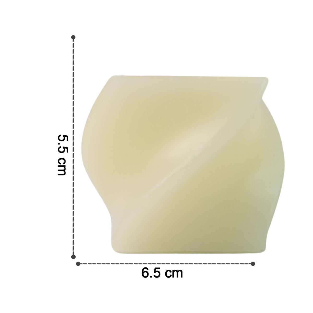 A single unlit cream-colored flameless LED candle with a twisted design is shown with its dimensions of 5.5 cm by 6.5 cm.