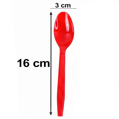 A single red plastic spoon with dimensions of 16 cm length and 3 cm width displayed on white.