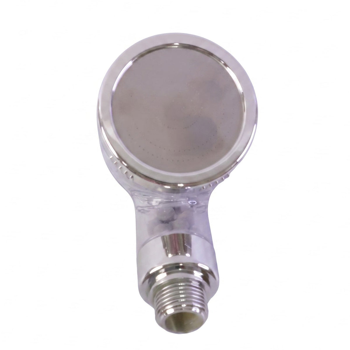 Close-up view of the silver and clear plastic handheld shower spray head, showing its textured surface and threaded base.