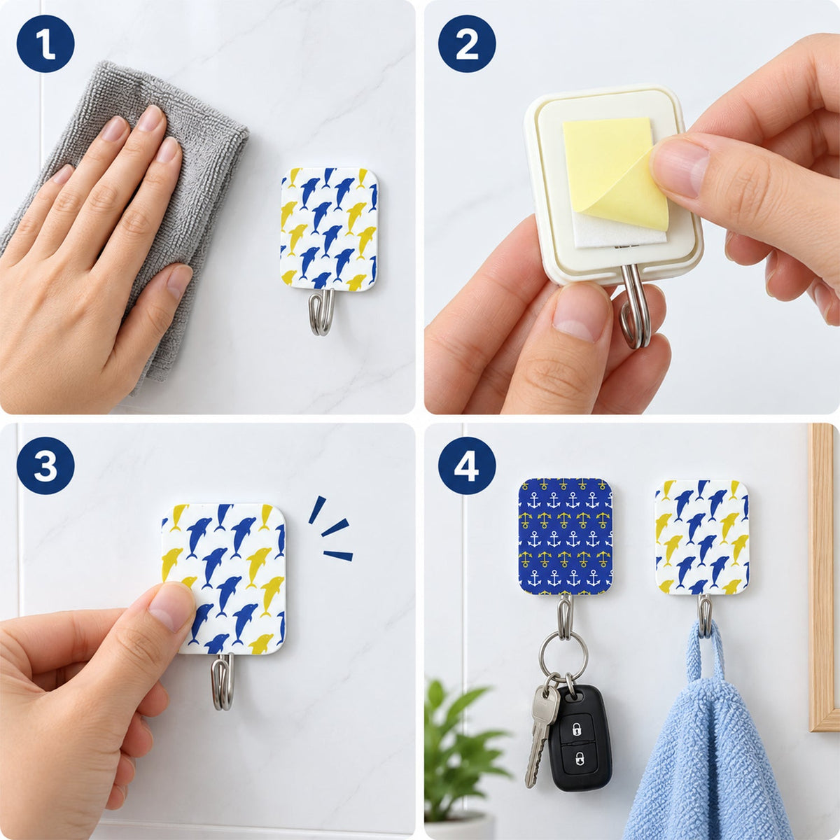 A four-panel image demonstrating how to install and use the decorative adhesive hooks for various items.