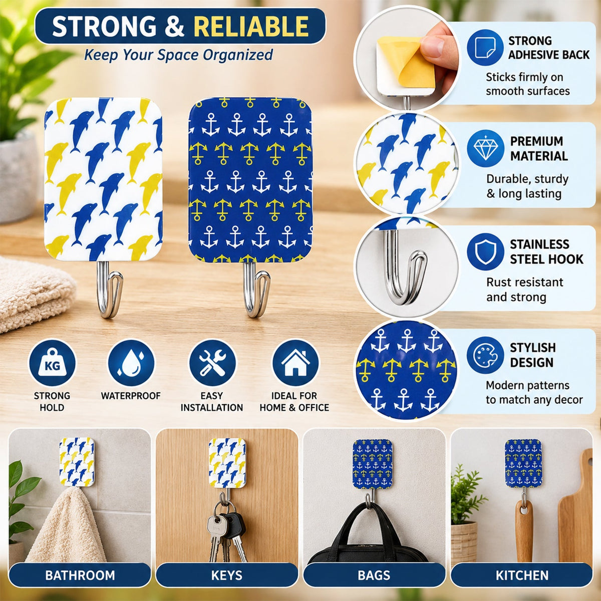 An infographic highlighting features and uses of the patterned adhesive hooks, including bathroom, keys, bags, and kitchen.