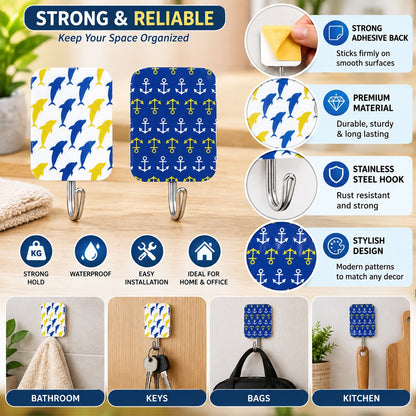 An infographic highlighting features and uses of the patterned adhesive hooks, including bathroom, keys, bags, and kitchen.