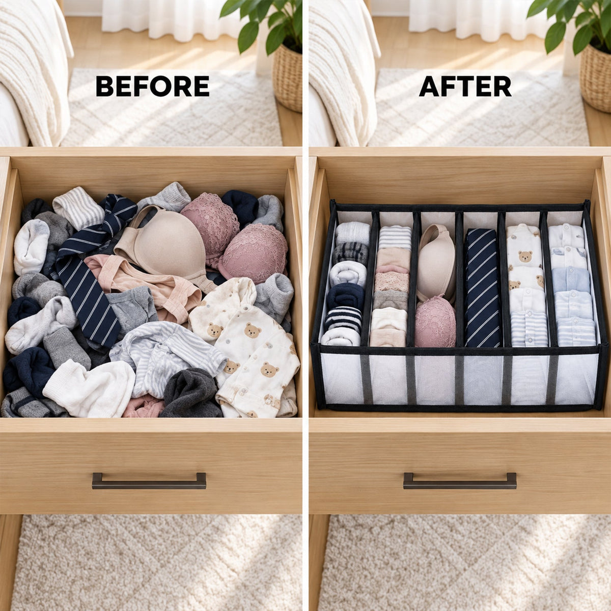 A split image showing a messy drawer on the left and an organized drawer with the 6-section organizer on the right.