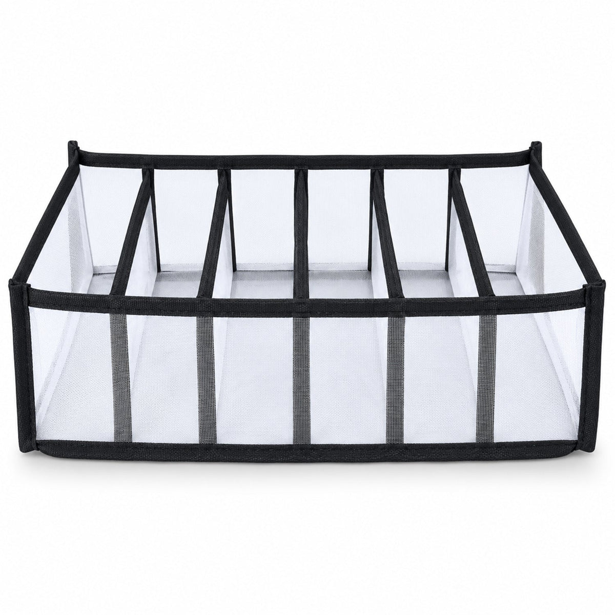 A white mesh and black fabric 6-section drawer organizer is shown on a white background.