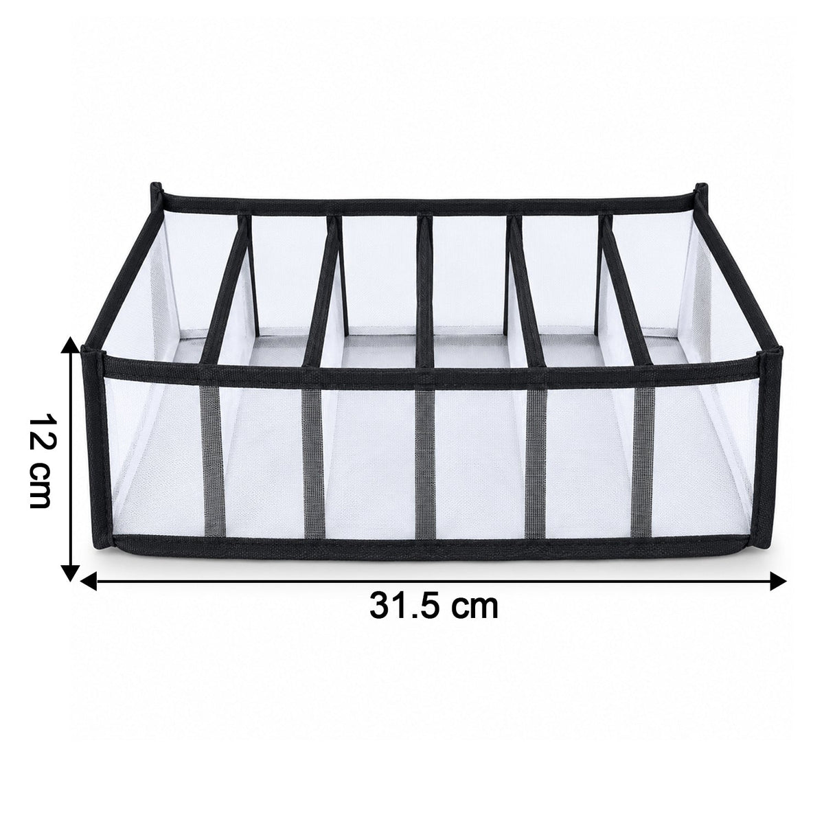 A white mesh and black fabric 6-section drawer organizer with dimensions 31.5 cm length and 12 cm height.