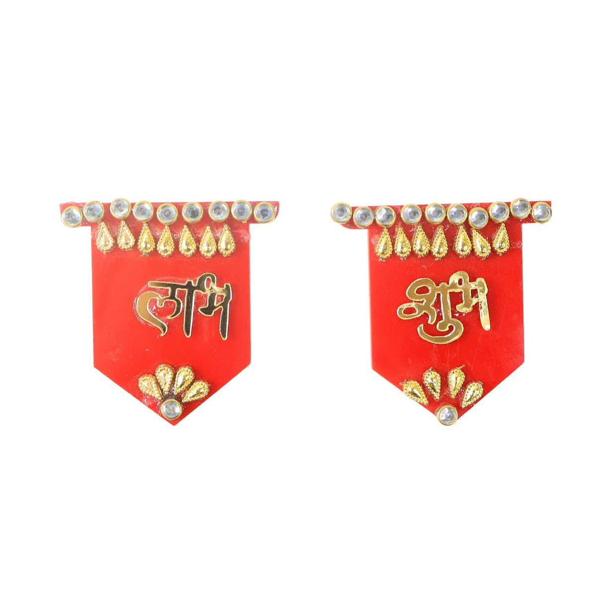 Two red Shubh Labh wall hangings with gold and clear stone embellishments, isolated on a clean white background.