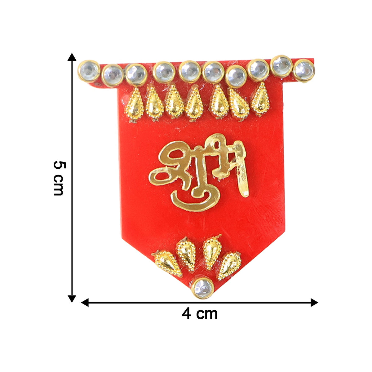 A single red Shubh Labh wall hanging with gold and clear stone embellishments, showing its dimensions of 5 cm in height and