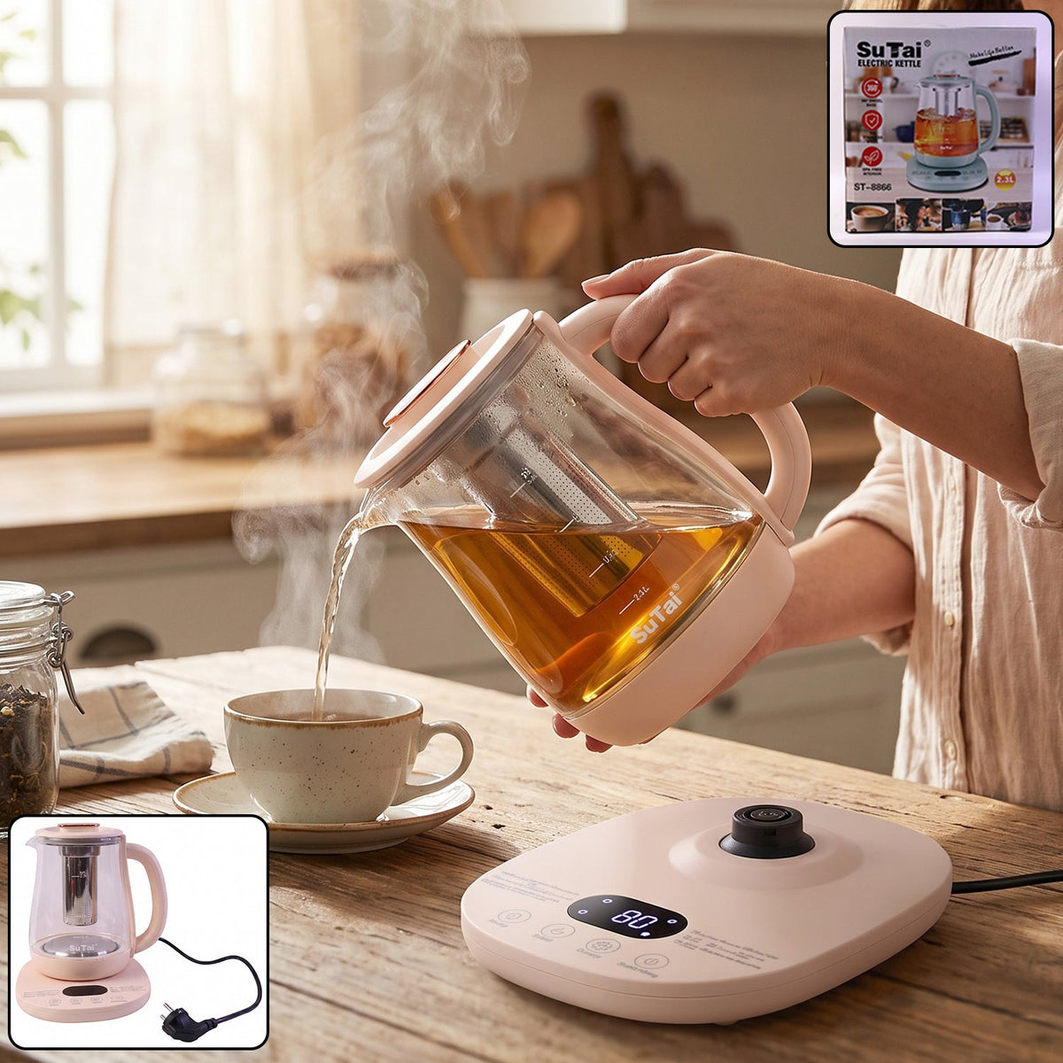 A person pours steaming amber tea from a glass kettle with a light pink handle into a ceramic cup on a wooden table.