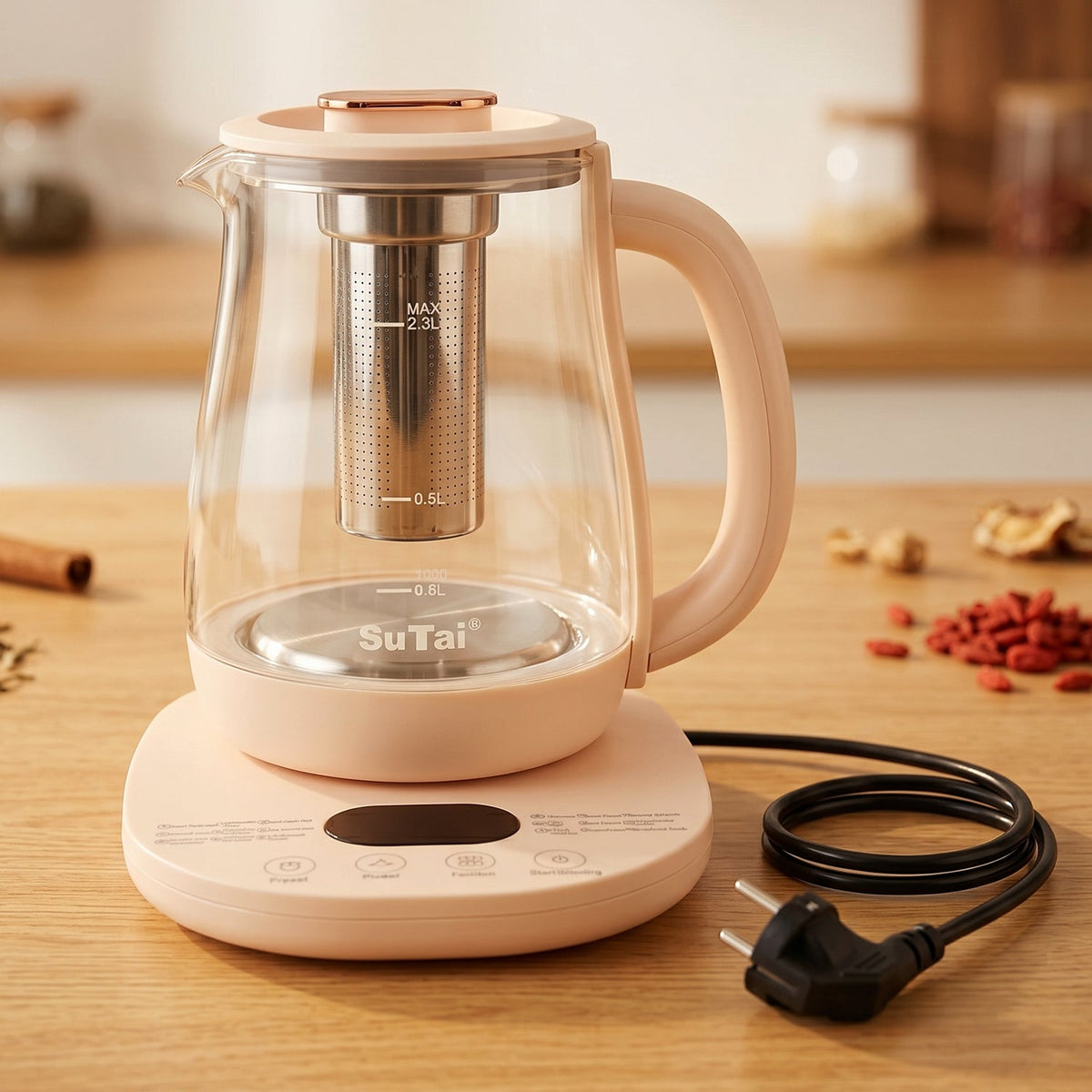 Suta Electric Glass Kettle 2.3L Tea Maker with Infuser and Temperature Control.