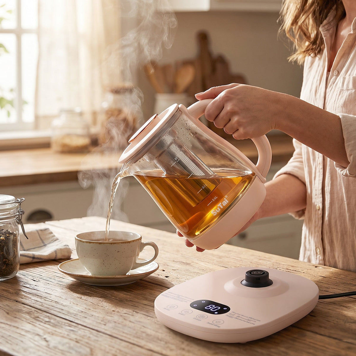 A light pink and clear glass electric kettle with a metal infuser stands on its base, unplugged, against a white background.