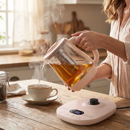 A light pink and clear glass electric kettle with a metal infuser stands on its base, unplugged, against a white background.