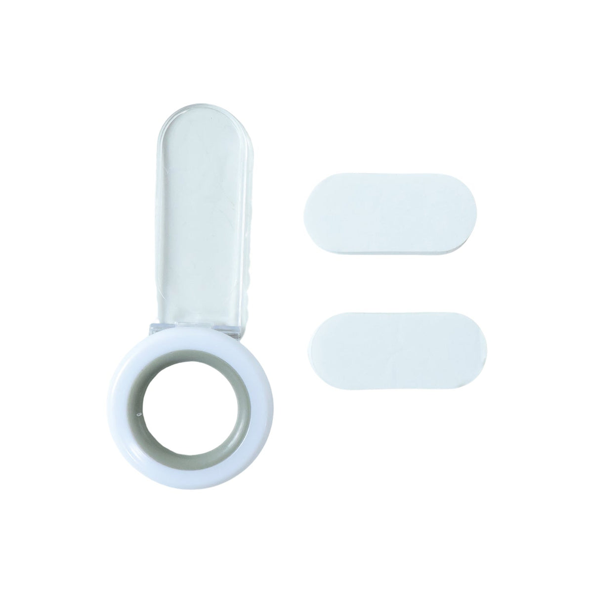 A white and gray toilet seat lifter with a clear handle and two white oval adhesive pads on a white background.