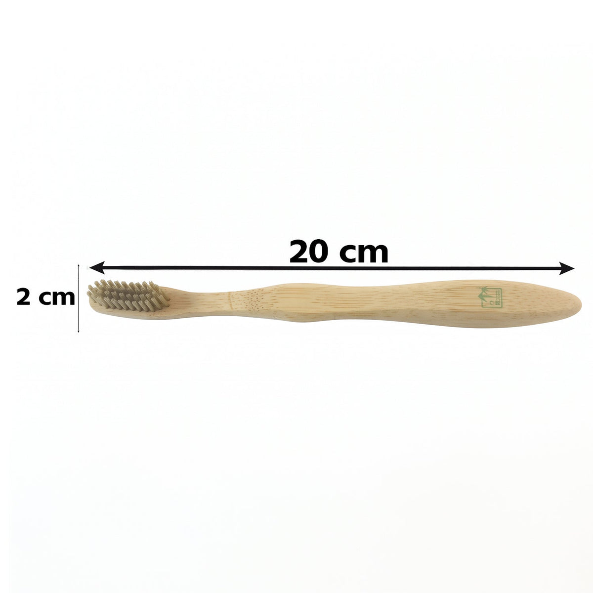 A bamboo toothbrush with gray bristles is shown with dimensions: 20 cm length and 2 cm head width.