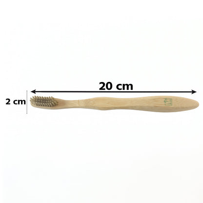 A bamboo toothbrush with gray bristles is shown with dimensions: 20 cm length and 2 cm head width.