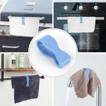 A collage of four scenes showing blue towel clips in use, with a close-up of a single clip in the center.