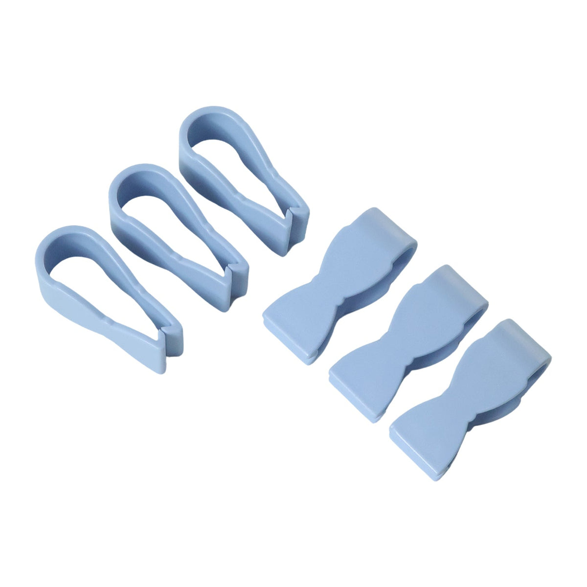 Six blue plastic towel clips, three shaped like tweezers and three like bowties, arranged on a white background.