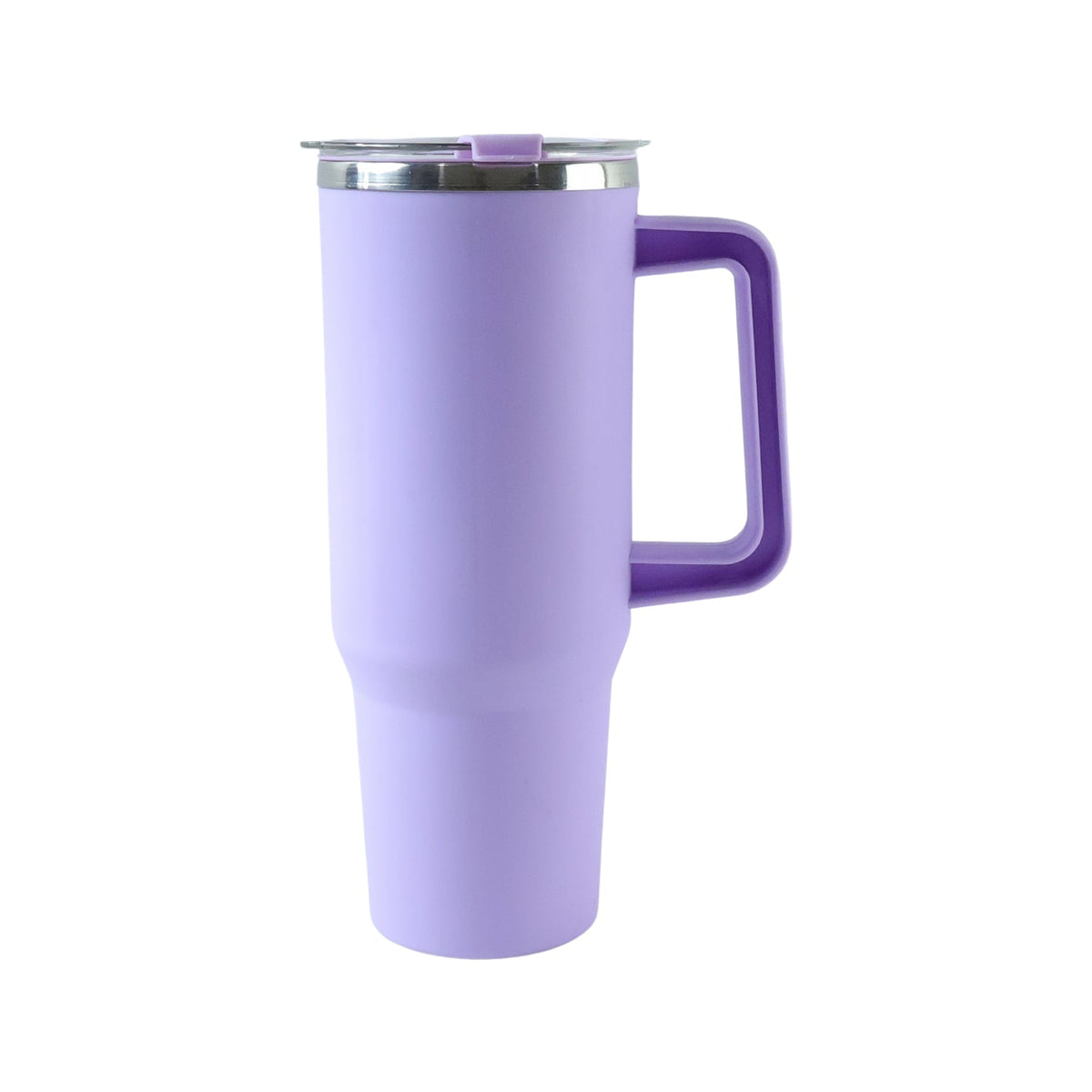 A tall, light purple insulated tumbler with a matching handle and a silver lid on a white background.