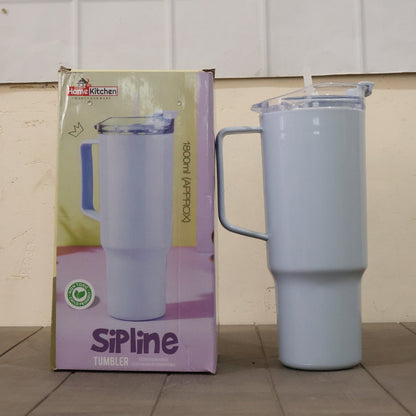A light blue handled tumbler stands next to its product box, which features a similar image.