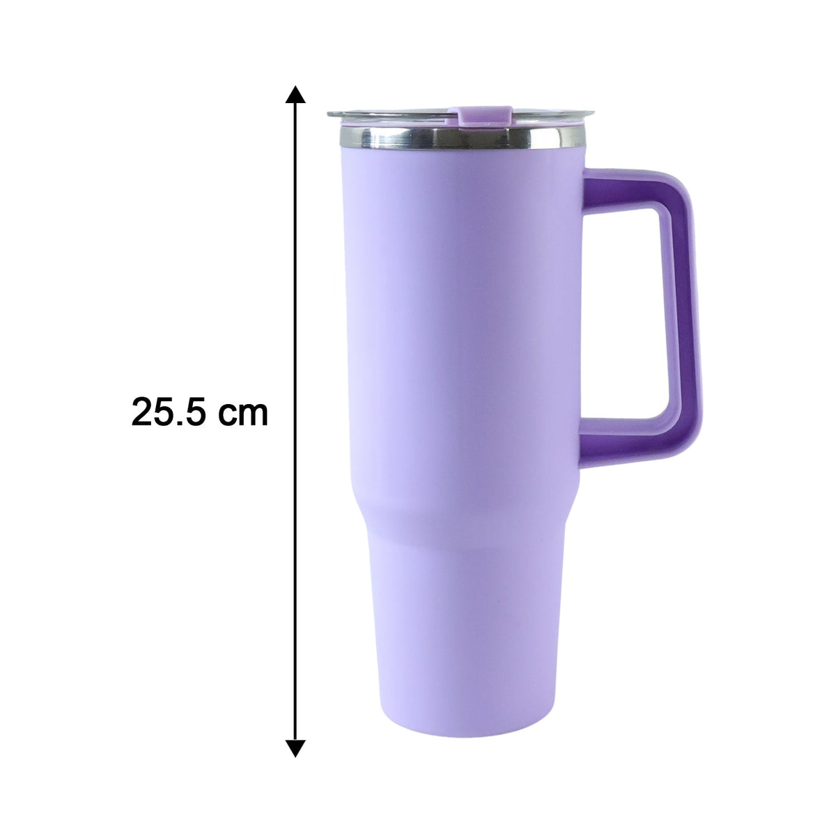 A purple insulated tumbler with a handle and lid, displaying a height measurement of 25.5 cm.