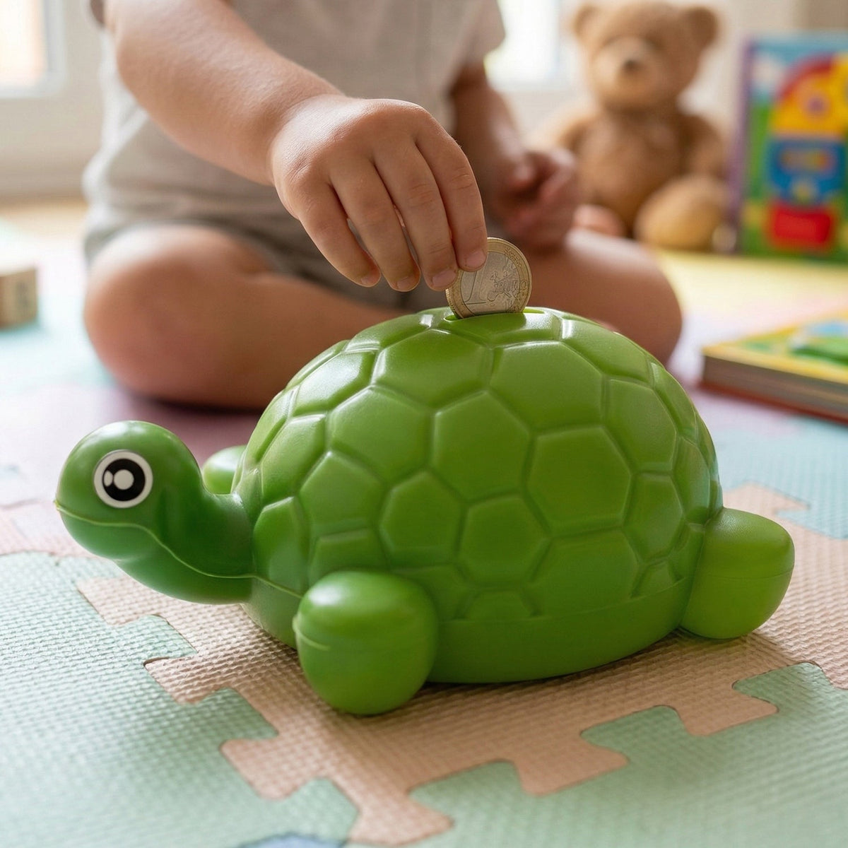 A child's hand places a coin into the green plastic turtle money bank on a patterned playmat.