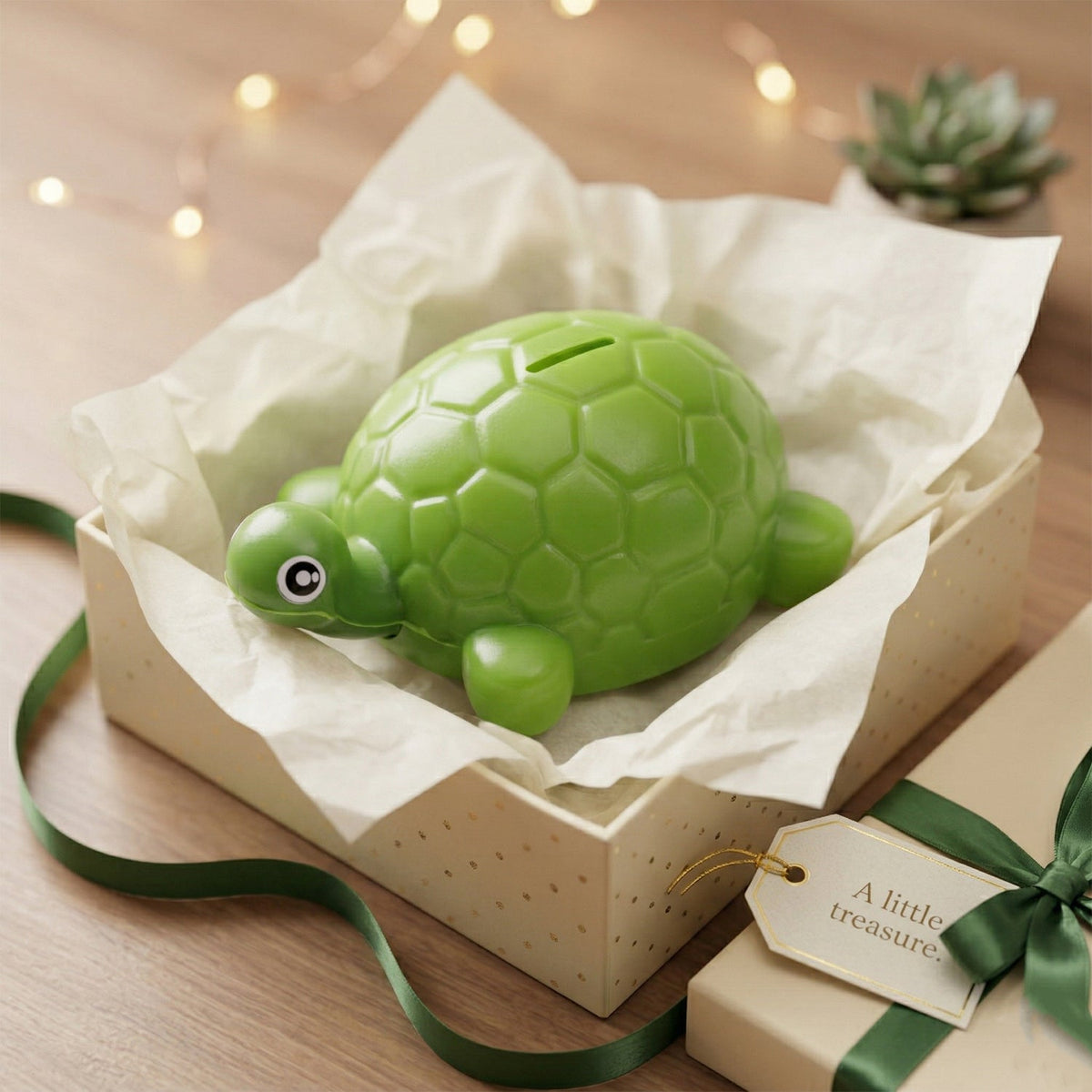 A green plastic turtle money bank nestled in tissue paper inside a gift box with a green ribbon and tag.