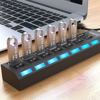 USB Splitter Multi Port USB 2.0 Hub, 7 Port with Independent On/Off Switch and LED Indicators USB A Port Data Hub, Suitable for PC Computer Keyboard Laptop Mobile HDD, Flash Drive  Etc