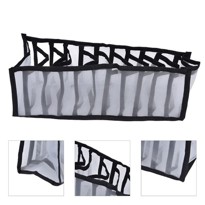 A white and black mesh fabric organizer is shown unfolded, with three close-up insets highlighting its construction details.