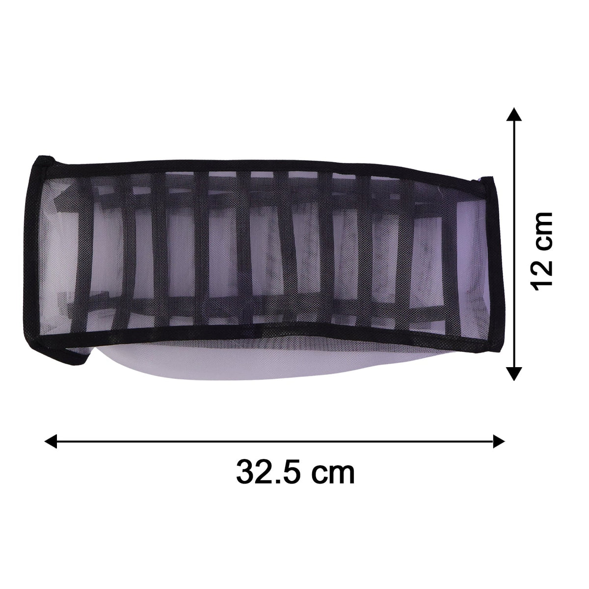 A white and black mesh fabric organizer is shown with dimensions of 32.5 cm length and 12 cm width.
