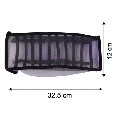 A white and black mesh fabric organizer is shown with dimensions of 32.5 cm length and 12 cm width.