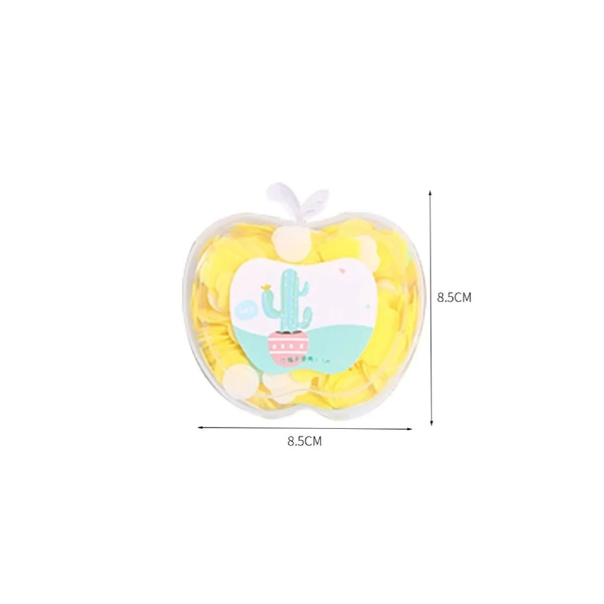 A clear apple-shaped container of yellow paper soap with a cactus sticker, showing dimensions of 8.5cm by 8.5cm.