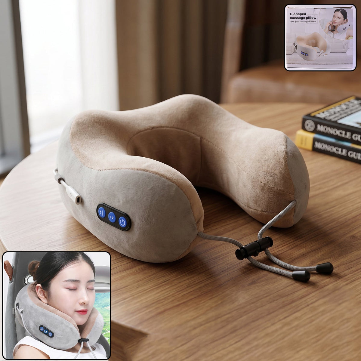 A beige and gray U-shaped massage pillow with blue control buttons rests on a wooden table, with insets showing it in use
