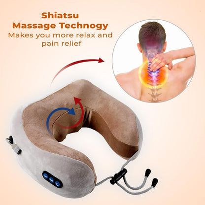 A beige and gray U-shaped massage pillow with blue controls is shown with arrows indicating massage motion and a diagram of