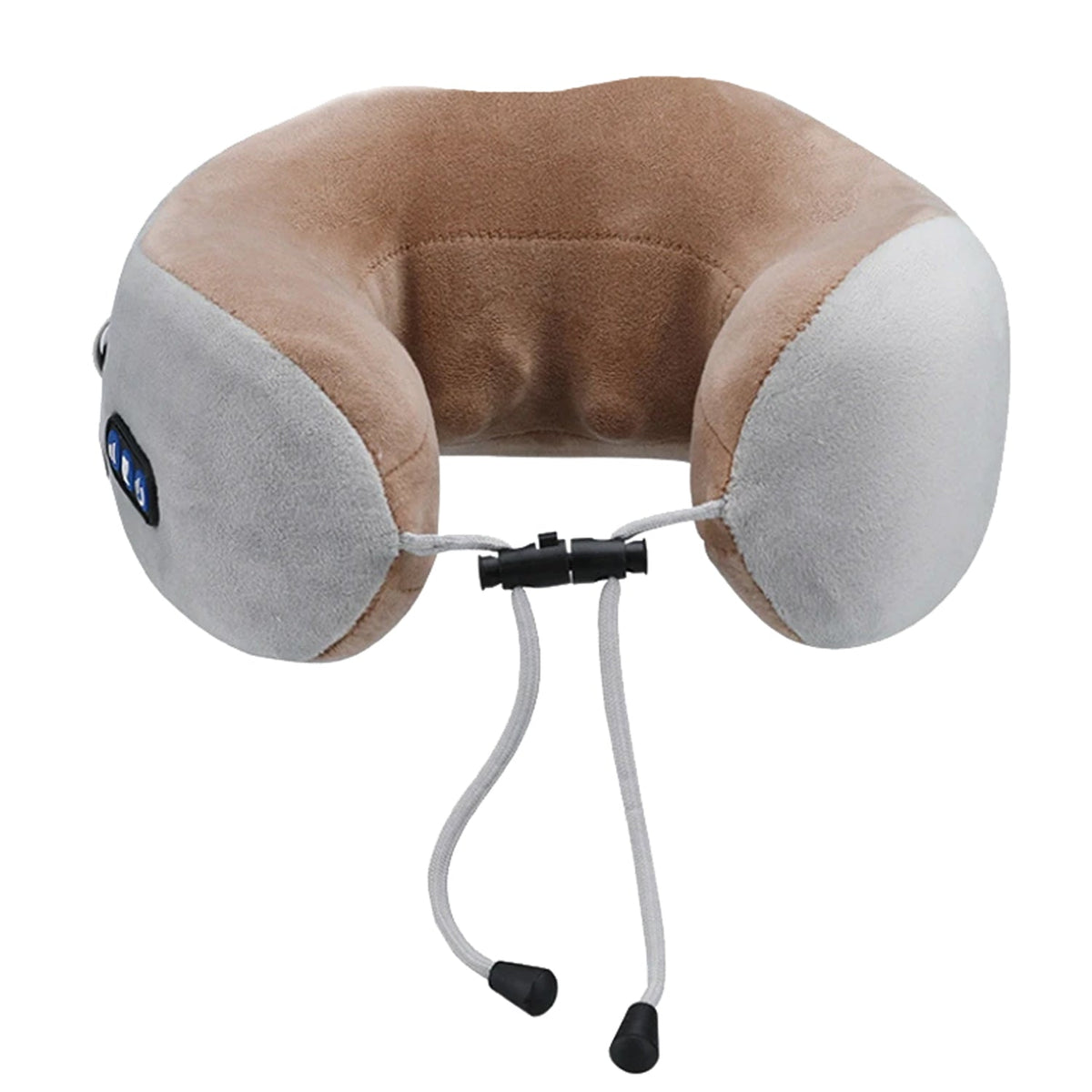 A beige and gray U-shaped massage pillow with blue control buttons and an adjustable cord is shown against a white