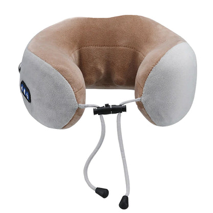 A beige and gray U-shaped massage pillow with blue control buttons and an adjustable cord is shown against a white