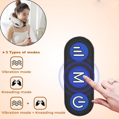 A hand points to a vertical control panel with three blue buttons, illustrating vibration and kneading massage modes, with