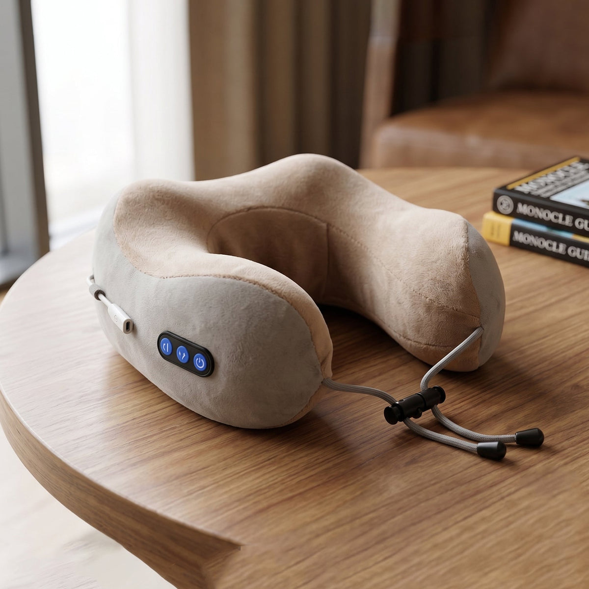 A beige and gray U-shaped massage pillow with blue control buttons and adjustable cord is displayed on a polished wooden