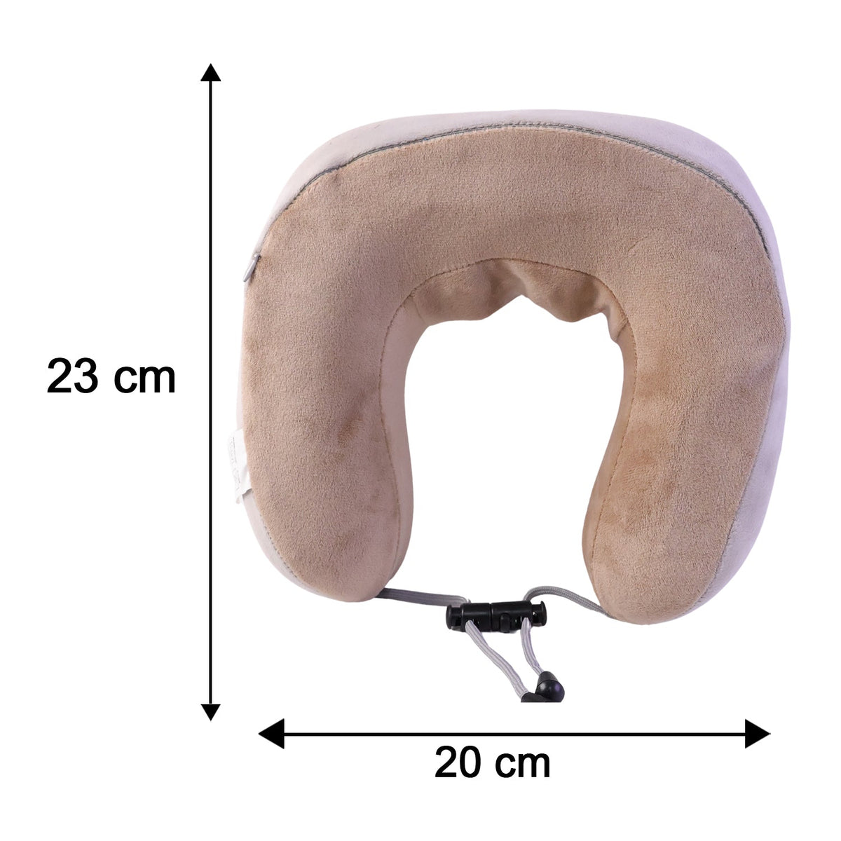 A beige U-shaped massage pillow with gray accents and an adjustable cord is shown with dimensions of 23 cm by 20 cm.