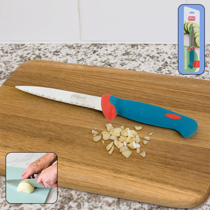 A blue and red paring knife on a wooden board with chopped garlic, and a small inset image of a person dicing an onion.