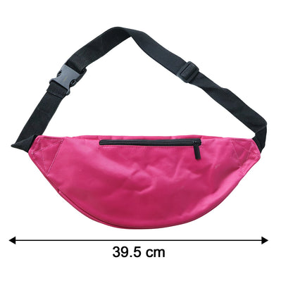 A pink fanny pack with a back zipper and black strap, showing a 39.5 cm width measurement.