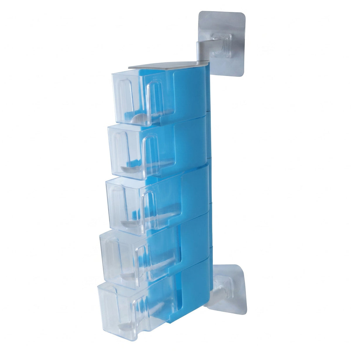 A blue 5-layer rotating spice rack with clear containers, attached to a white wall with adhesive hooks.