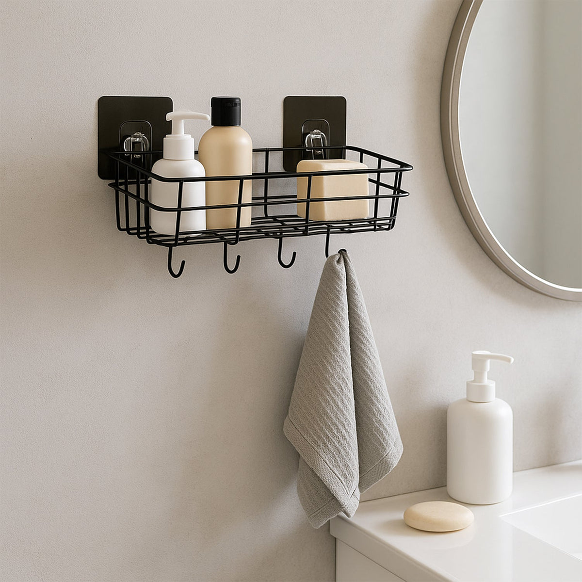 A single black metal wall-mounted storage basket with hooks, holding bath products and a grey towel hanging from a hook.