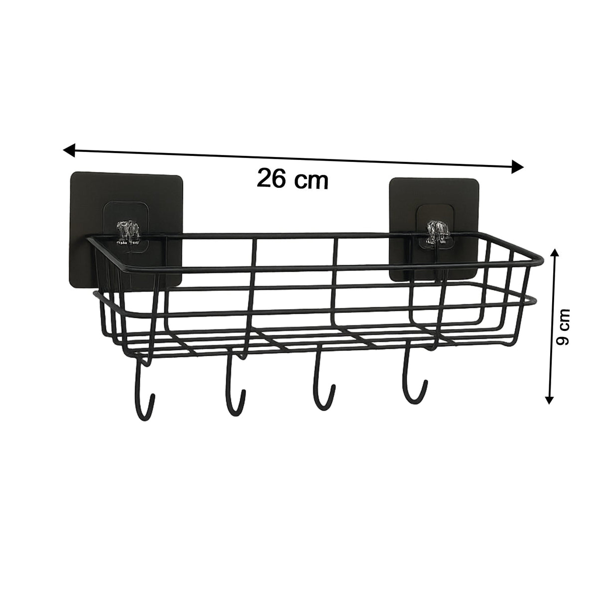 A black metal wire storage basket with hooks on a white background, showing dimensions of 26 cm length and 9 cm height.