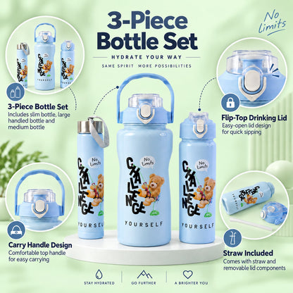 A graphic showing three light blue water bottles and their features, including a straw and carry handle.