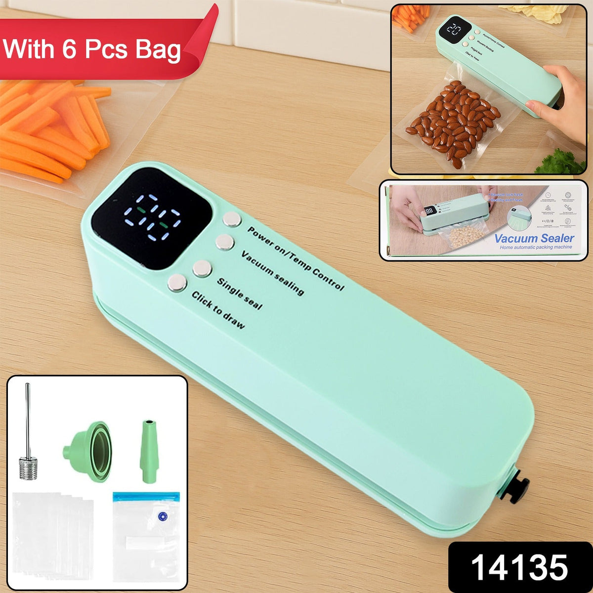 A mint green handheld vacuum sealer shown with six vacuum bags and two attachments, with insets of the sealer in use.