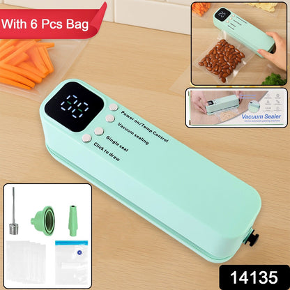 A mint green handheld vacuum sealer shown with six vacuum bags and two attachments, with insets of the sealer in use.