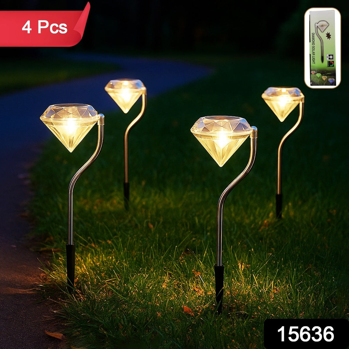 Four diamond-shaped solar lights illuminate a grassy path at night, with a red banner indicating "4 Pcs" and a number