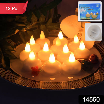 Twelve white LED floating candles on a decorative plate, with product packaging and a close-up of the candle base in the top