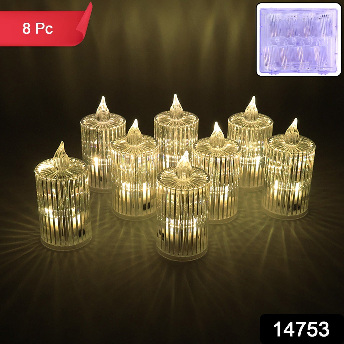 Eight clear ribbed LED flameless candles with warm glow on a dark surface, with an inset of the candles in their case.