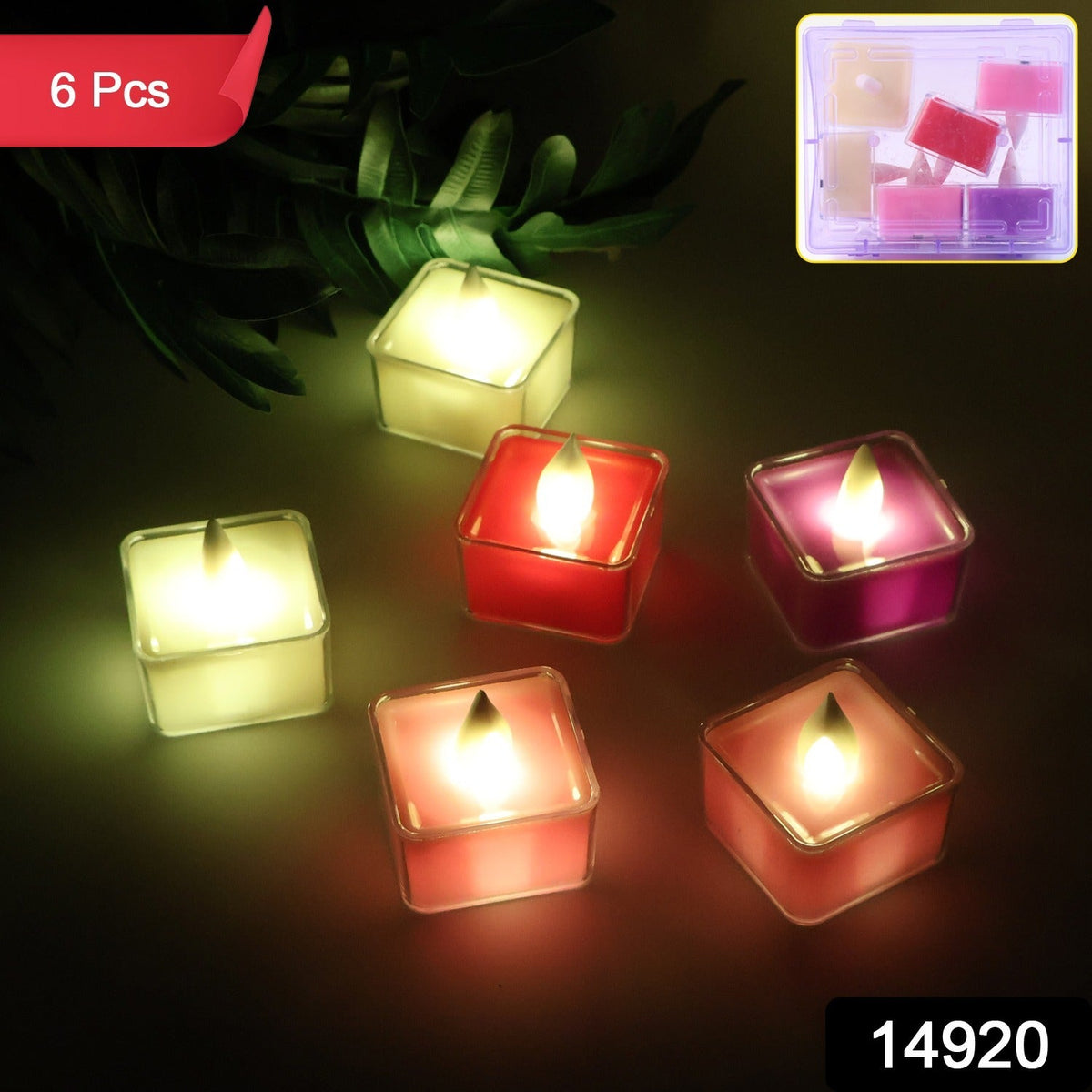 Six square LED flameless tealight candles glowing in yellow, red, and purple, with a small inset of them in a clear box.